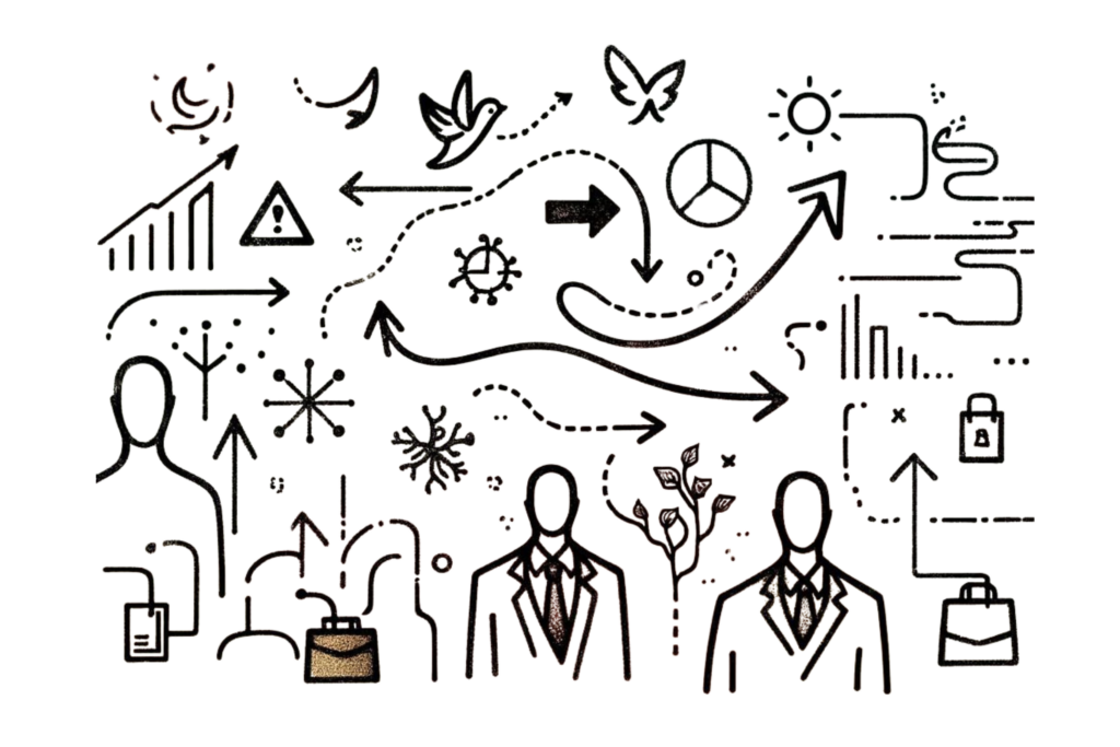 A simple, line-drawn illustration with a little bit of colour showing different forms of change such as personal, professional, and societal changes. The background includes subtle, varied colours to represent the different types of change. This image illustrates how to deal with change by recognising and understanding its various forms.