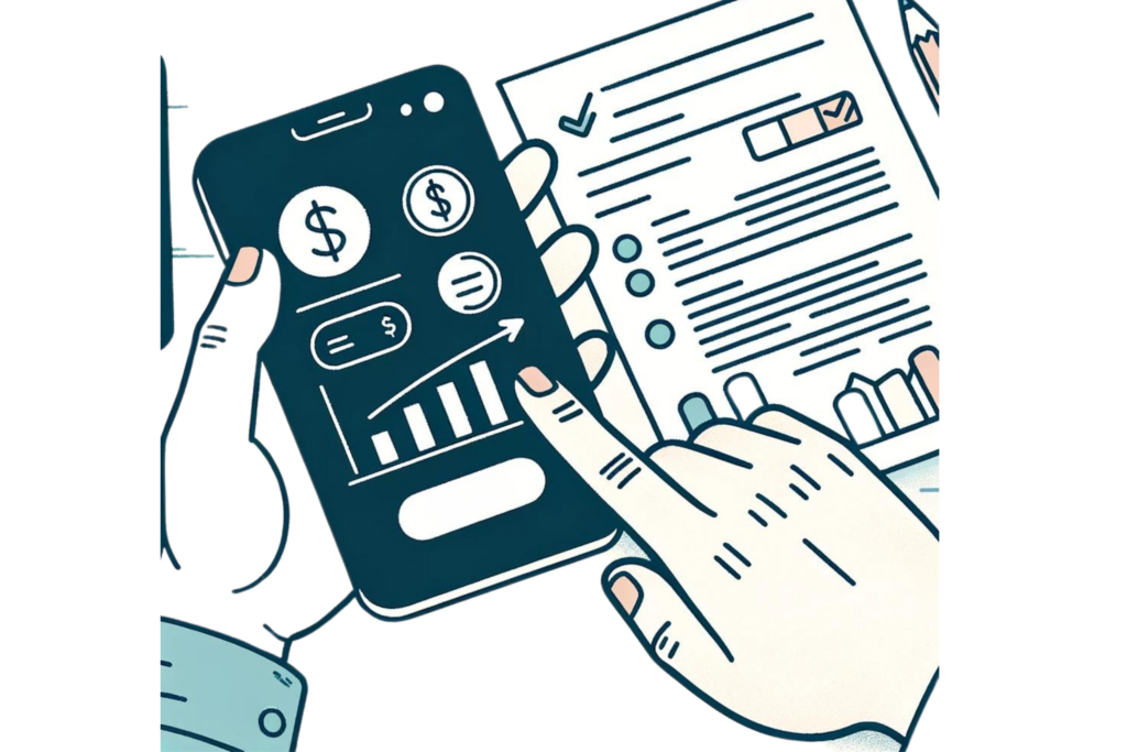 A simple, line-drawn illustration with a little bit of colour showing a person using a budgeting app on a smartphone while reviewing financial documents, highlighting the importance of tracking your finances to change your money mindset