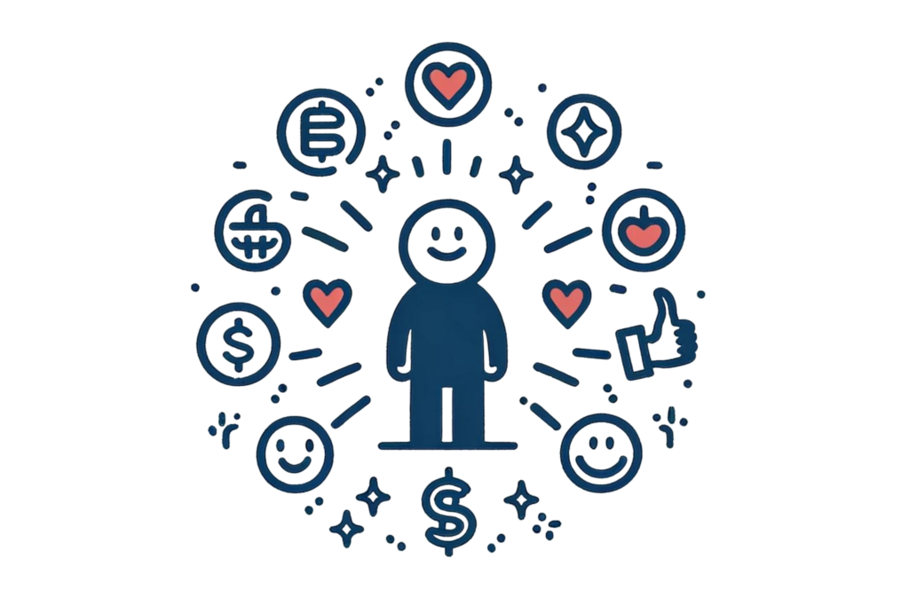 A simple, line-drawn illustration with a little bit of colour showing a person surrounded by positive symbols like a heart, a thumbs-up, and happy faces, emphasising the importance of positive influences to change your money mindset.