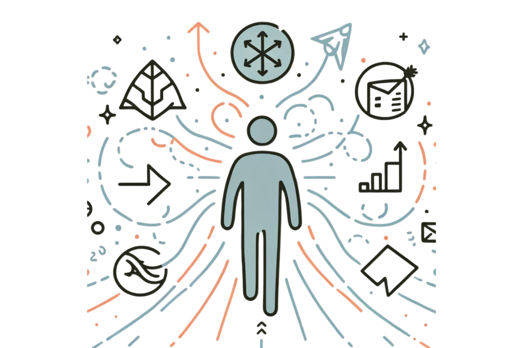 A simple, line-drawn illustration with a little bit of colour showing a person navigating through different aspects of life such as personal life, career, and societal norms. The background includes arrows and symbols representing change, with light, calming colours. This image highlights how to deal with change effectively in various aspects of life.