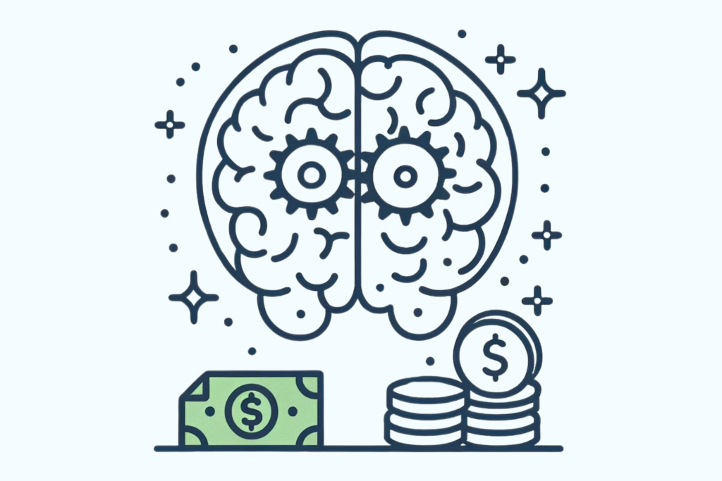 A simple, line-drawn illustration with a little bit of colour showing a brain with gears turning inside it, surrounded by symbols of money like coins and dollar bills. This image represents the concept of changing your money mindset