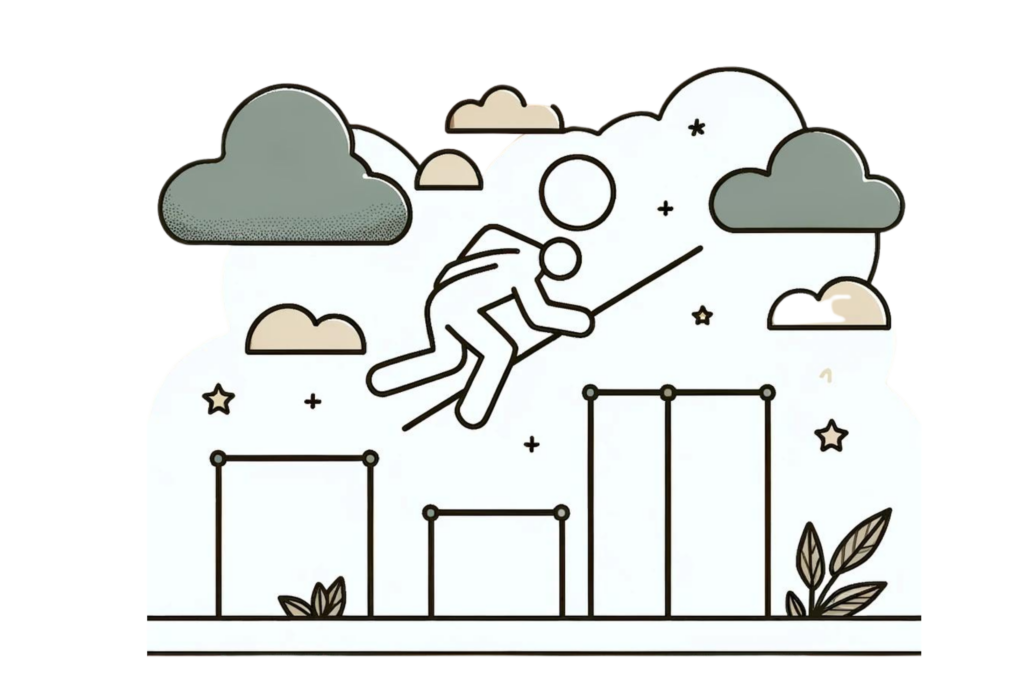 A simple, line-drawn illustration with a little bit of colour showing a person overcoming obstacles such as hurdles or walls, symbolising the process of overcoming common challenges. The background includes neutral, reassuring colours. This image shows how to deal with change by overcoming common challenges.