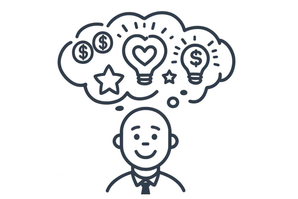 A simple, line-drawn illustration with a little bit of colour showing a person with a thought bubble above their head containing positive symbols such as a heart, a star, and a lightbulb. This image represents the power of positive thinking in changing your money mindset