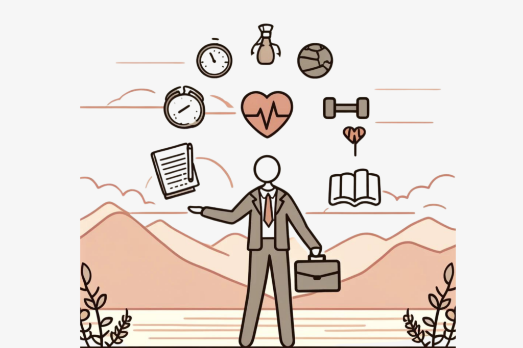 Line-drawn illustration of a person juggling various symbols of stress and resilience, including a briefcase, heart, dumbbell, and book, with a calming background of a sunset and mountains to manage stress and build resilience.